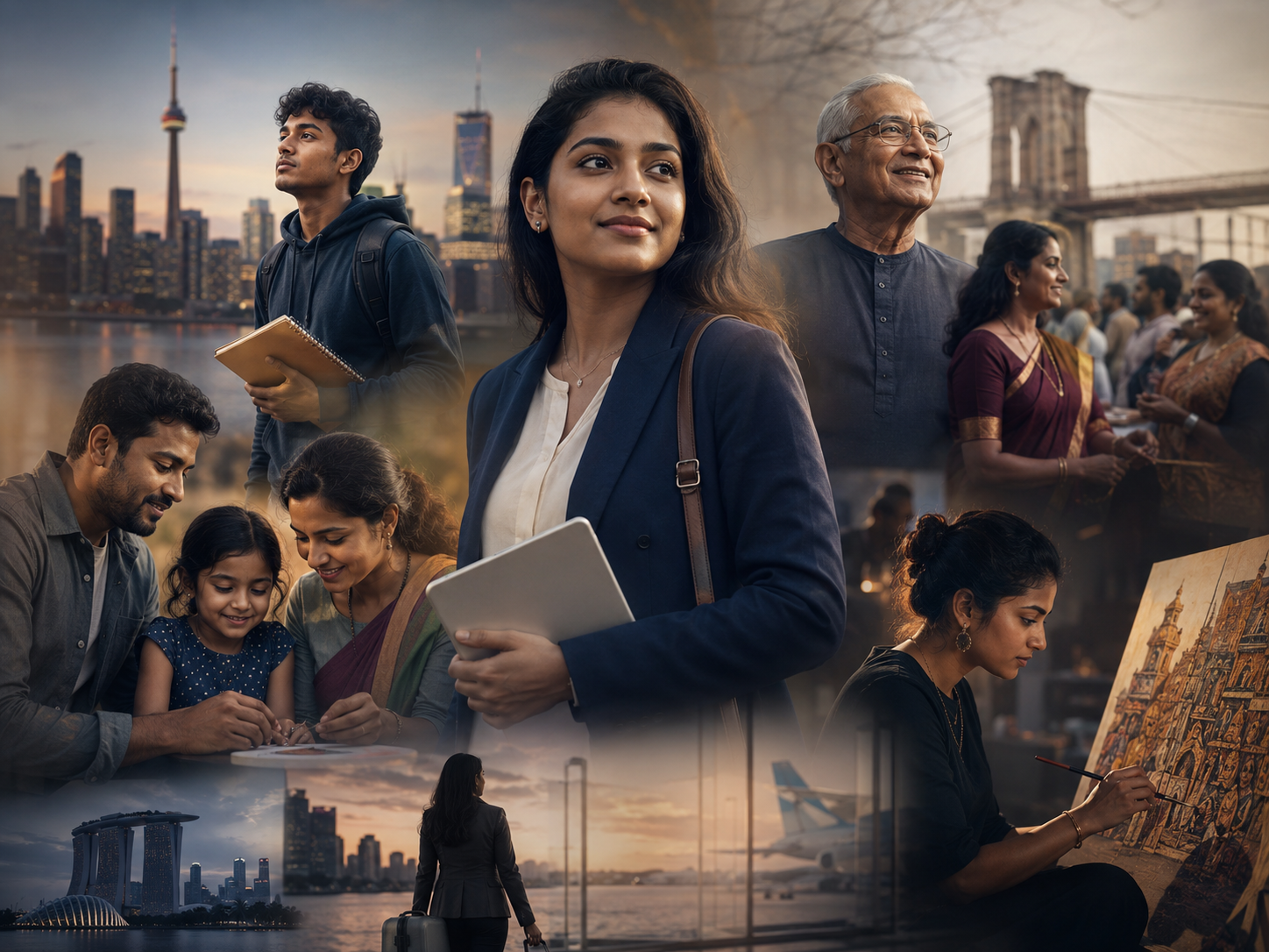 Montage of people learning, working, creating, and gathering across global cities