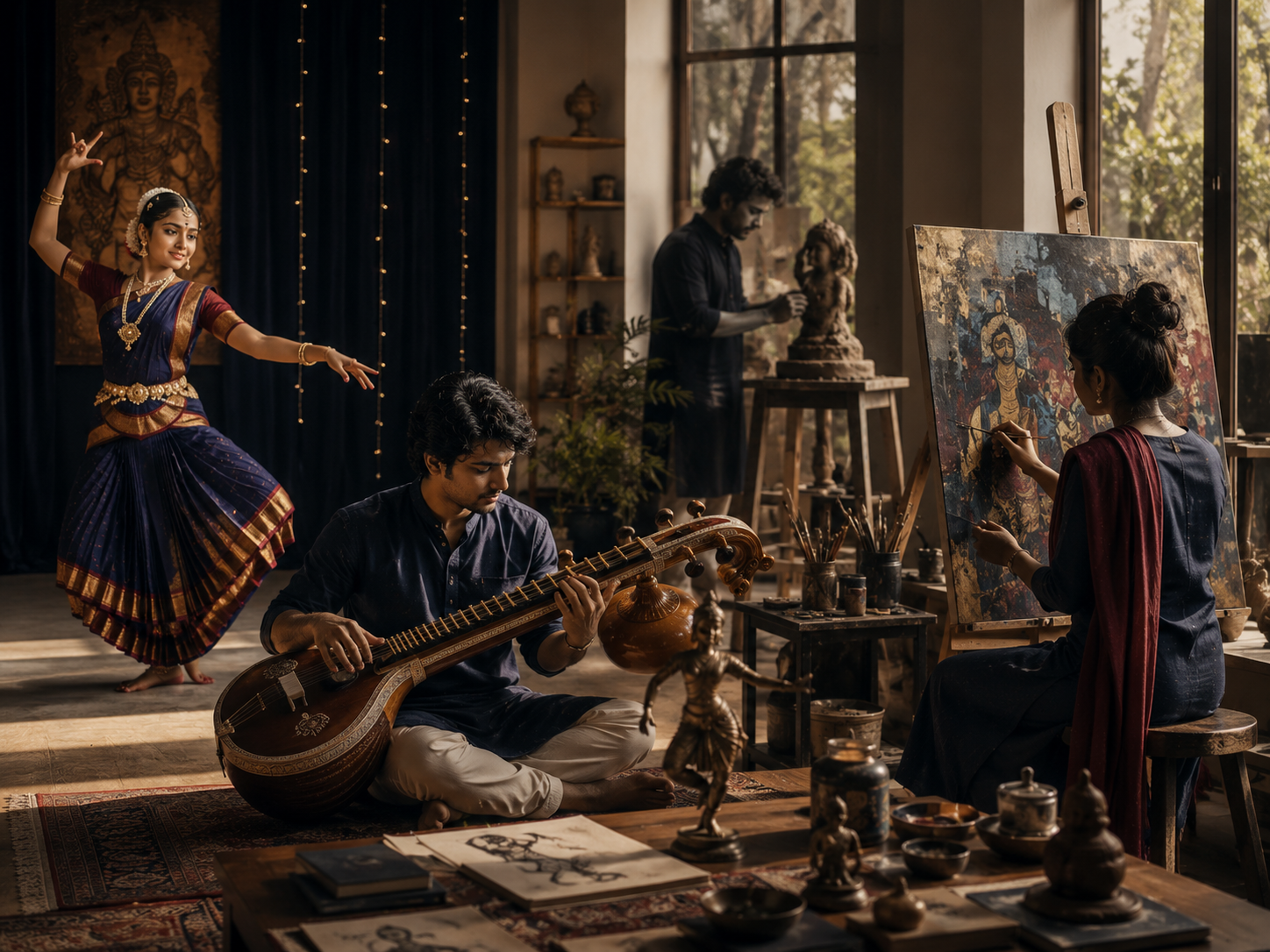 A dancer, musician, sculptor, and painter practising Tamil art forms