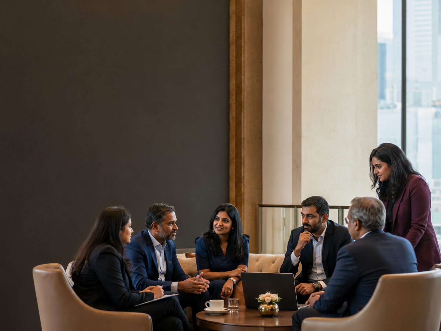 Professionals in discussion in a modern meeting space