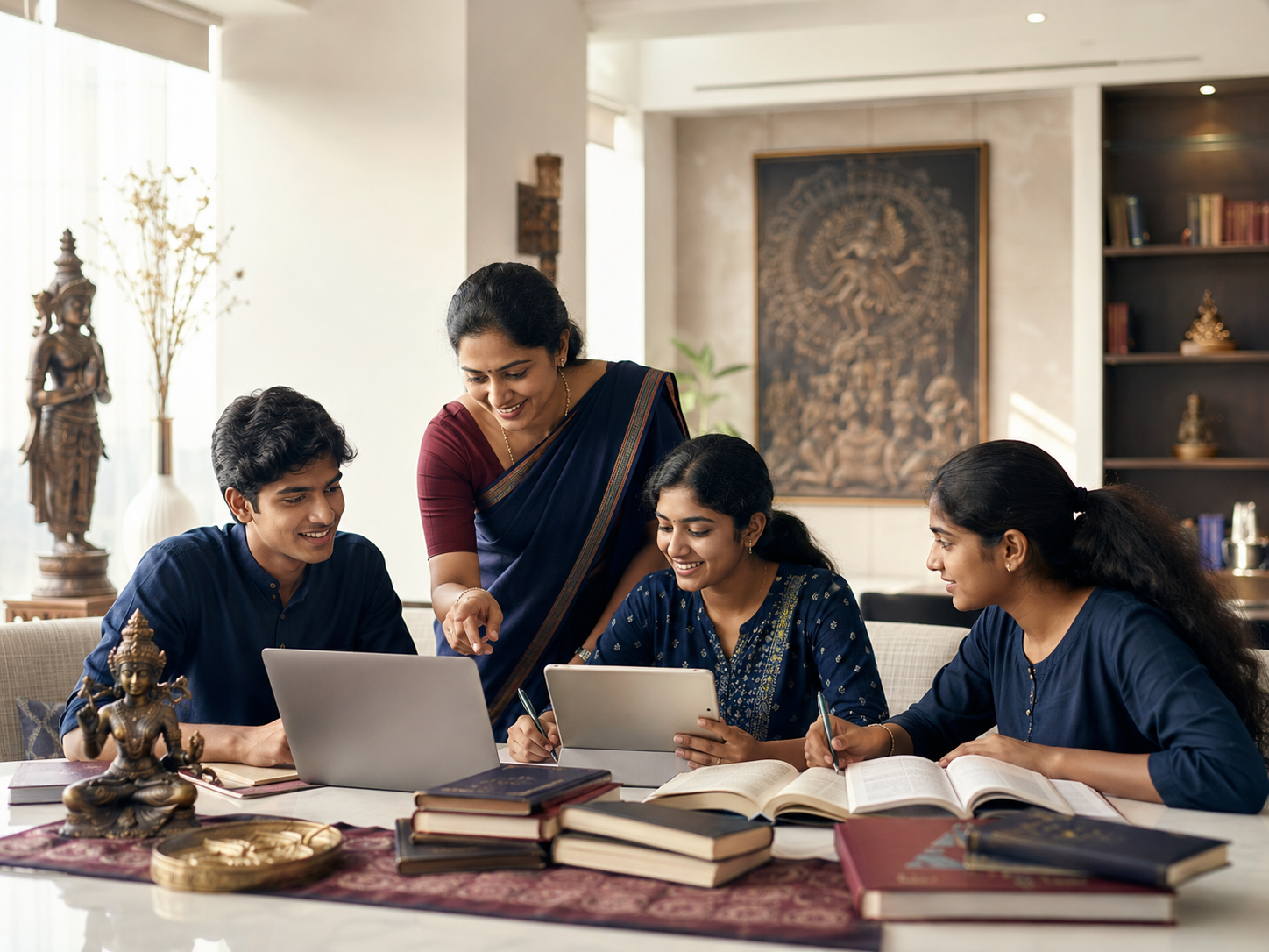 An educator guiding students using books, a laptop, and a tablet