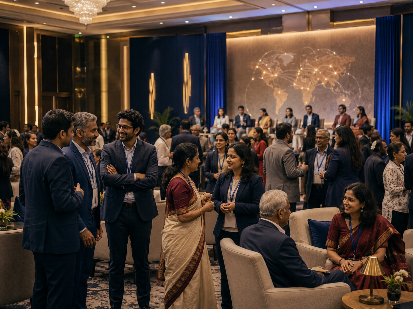 Attendees in conversation at an international conference