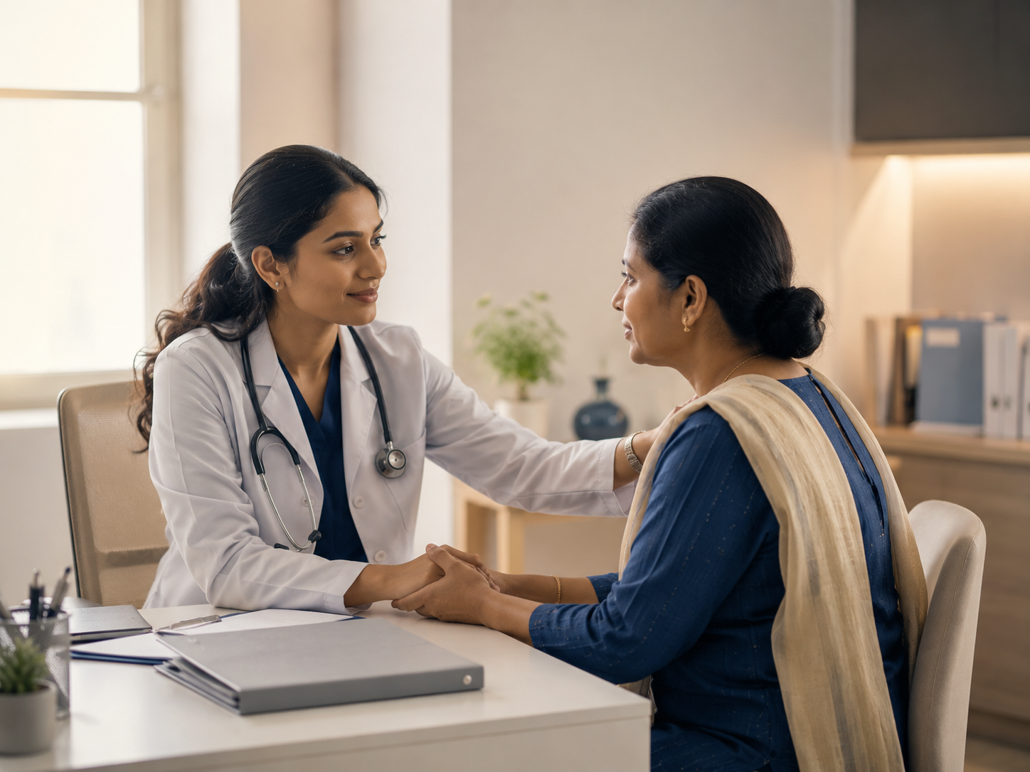 A clinician listening to a patient during a consultation