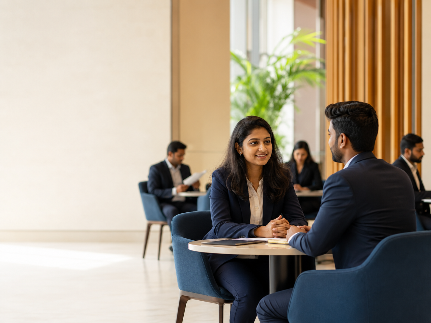 Two professionals having a career conversation in a bright office