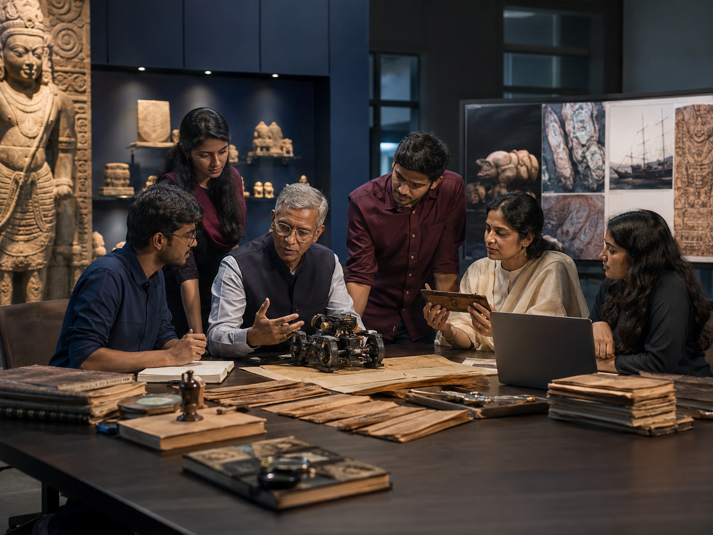 A research team examining archival materials and equipment