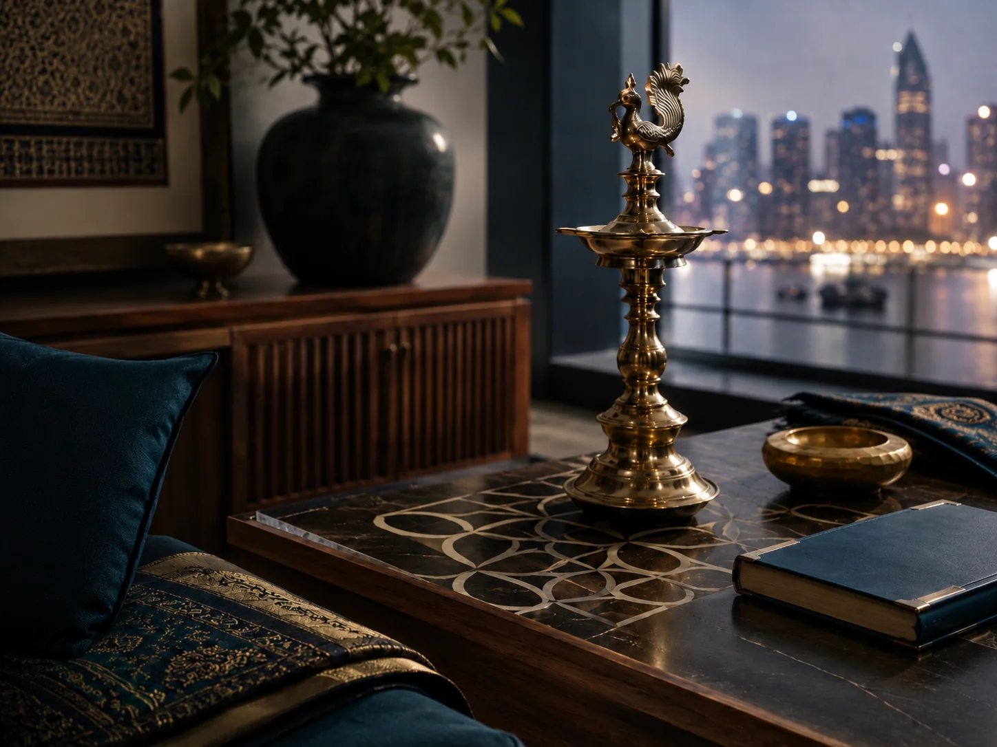 A traditional brass oil lamp and kolam-patterned inlaid table in a contemporary home, with a global city skyline visible through the window at dusk