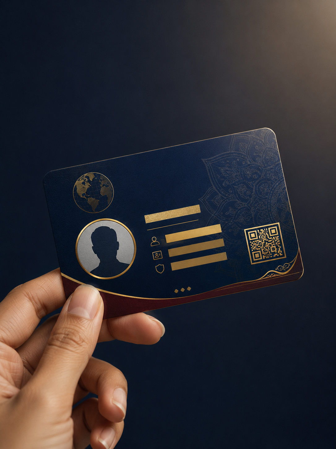 Digital Tamil ID membership card held against a navy background