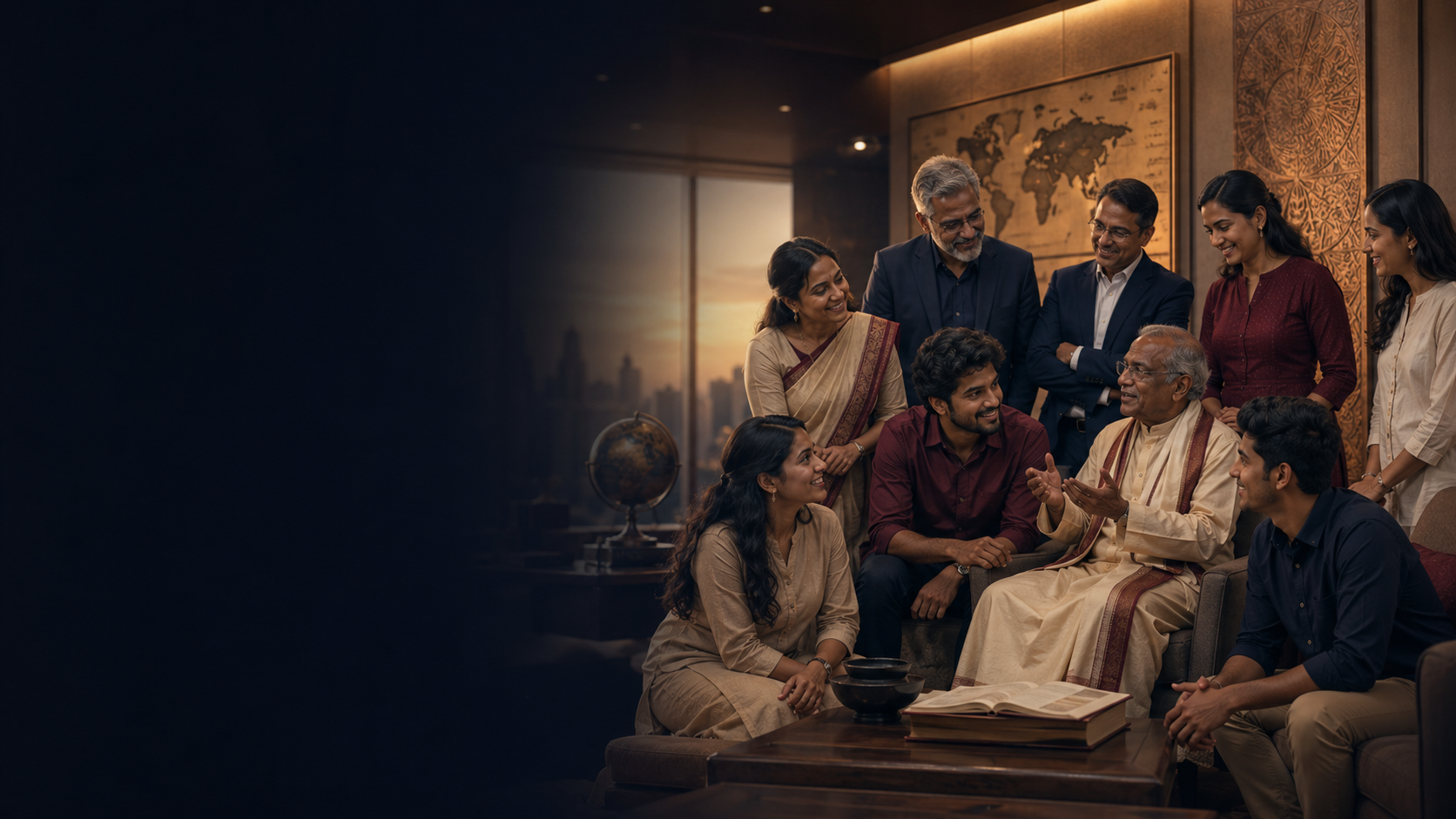People across generations looking ahead beside global and Tamil cultural imagery