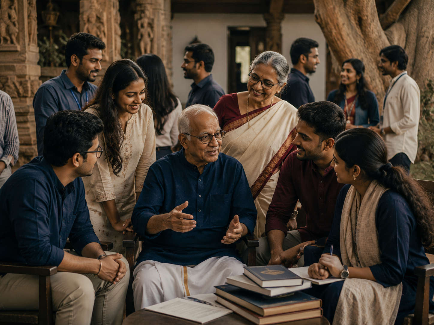 An older speaker sharing knowledge with a multi-generational group