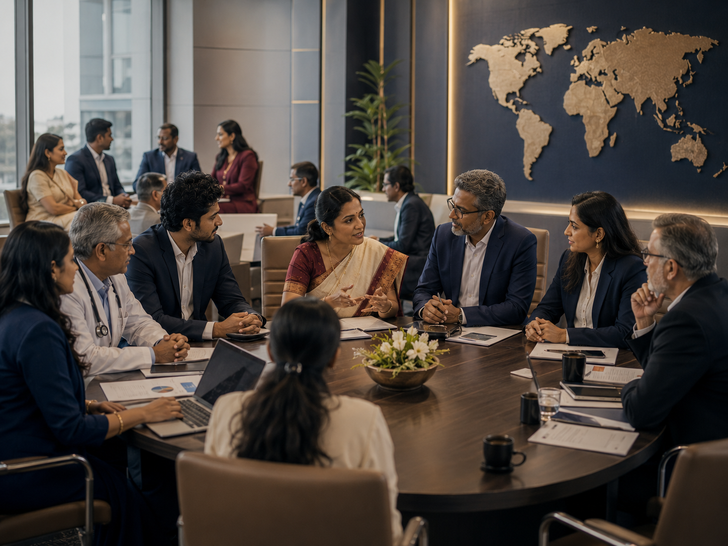 Professionals discussing collaboration around a conference table