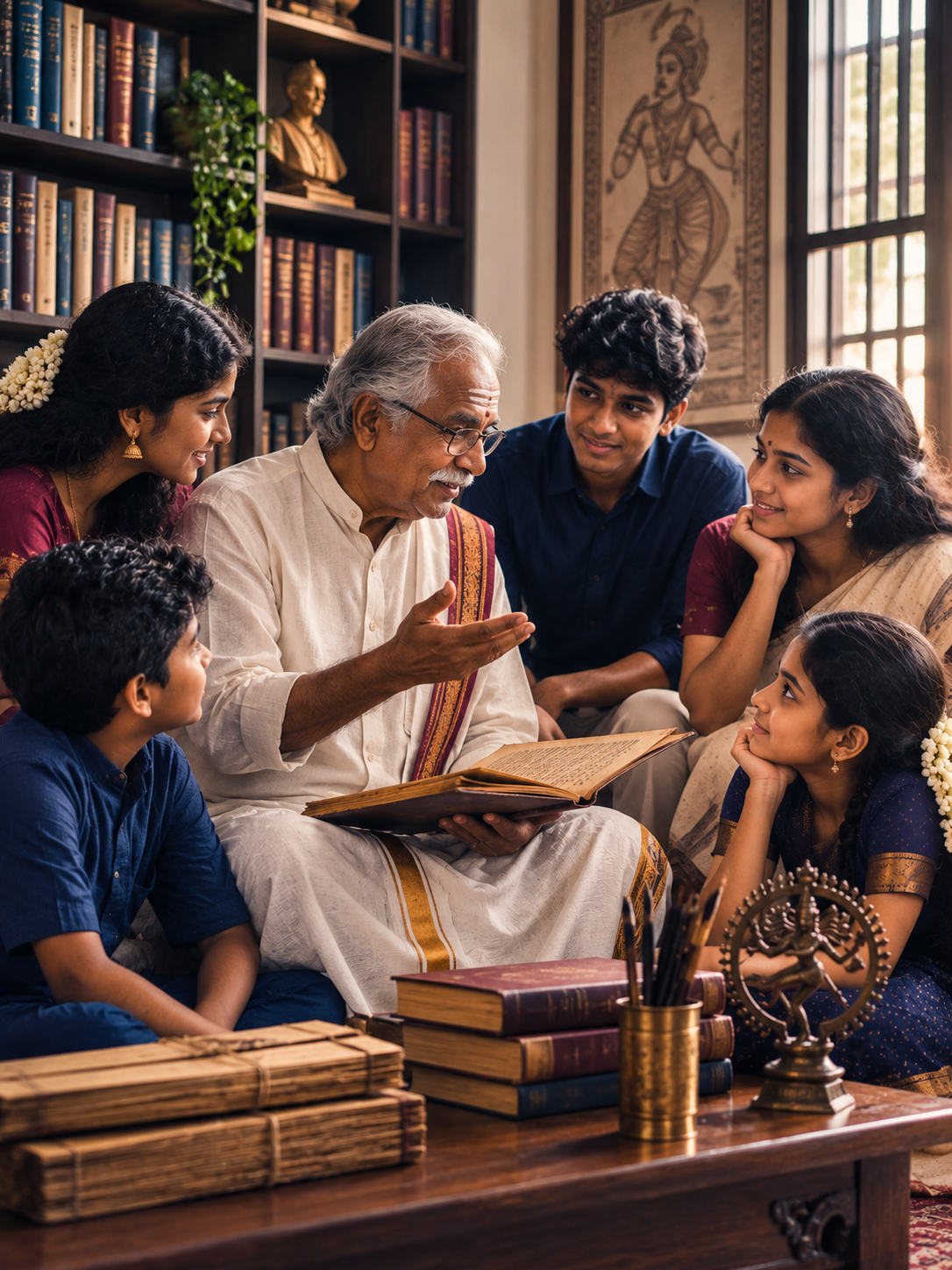 An elder sharing a manuscript with younger listeners in a library
